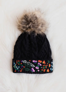 Black with floral pattern cuff Pom Hat