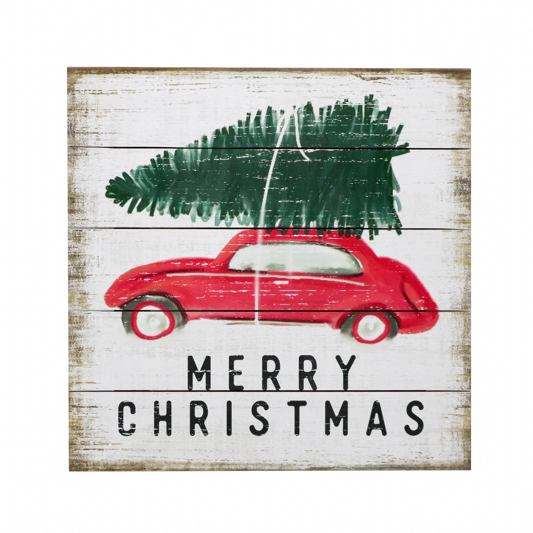 Merry Christmas Tree + Car Shiplap Wood Sign 18x18"