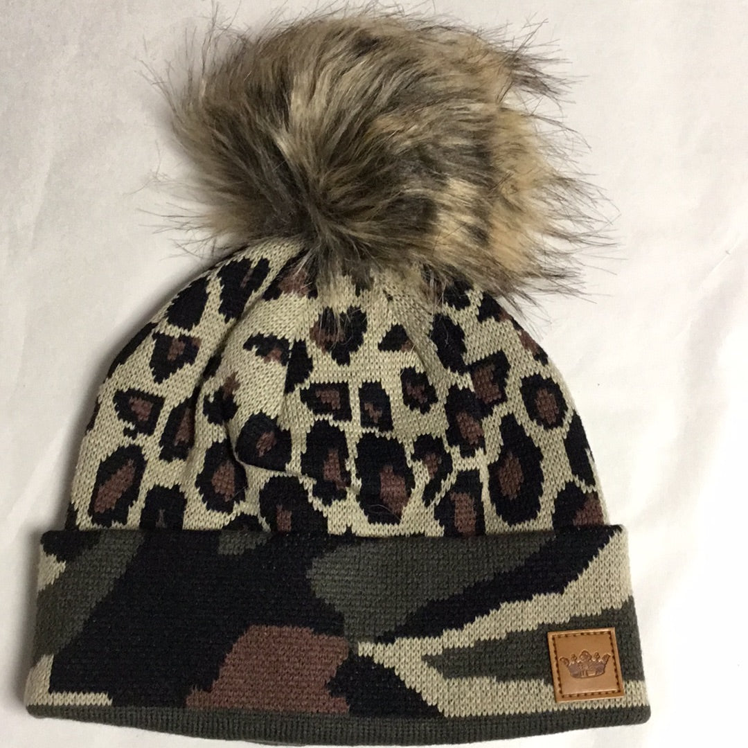 Leopard with Green Camo Trim Pom Beanie