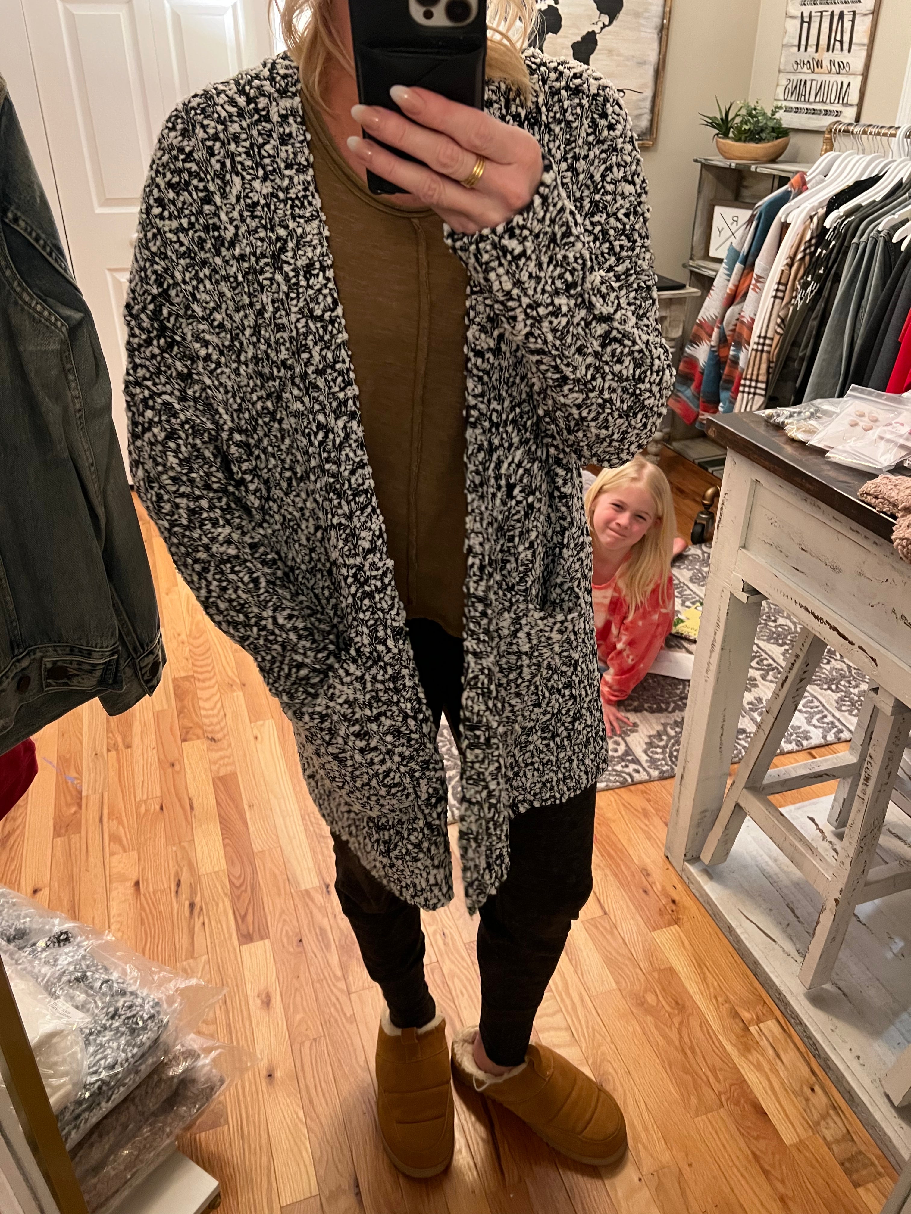 Black and top white cardigan outfit
