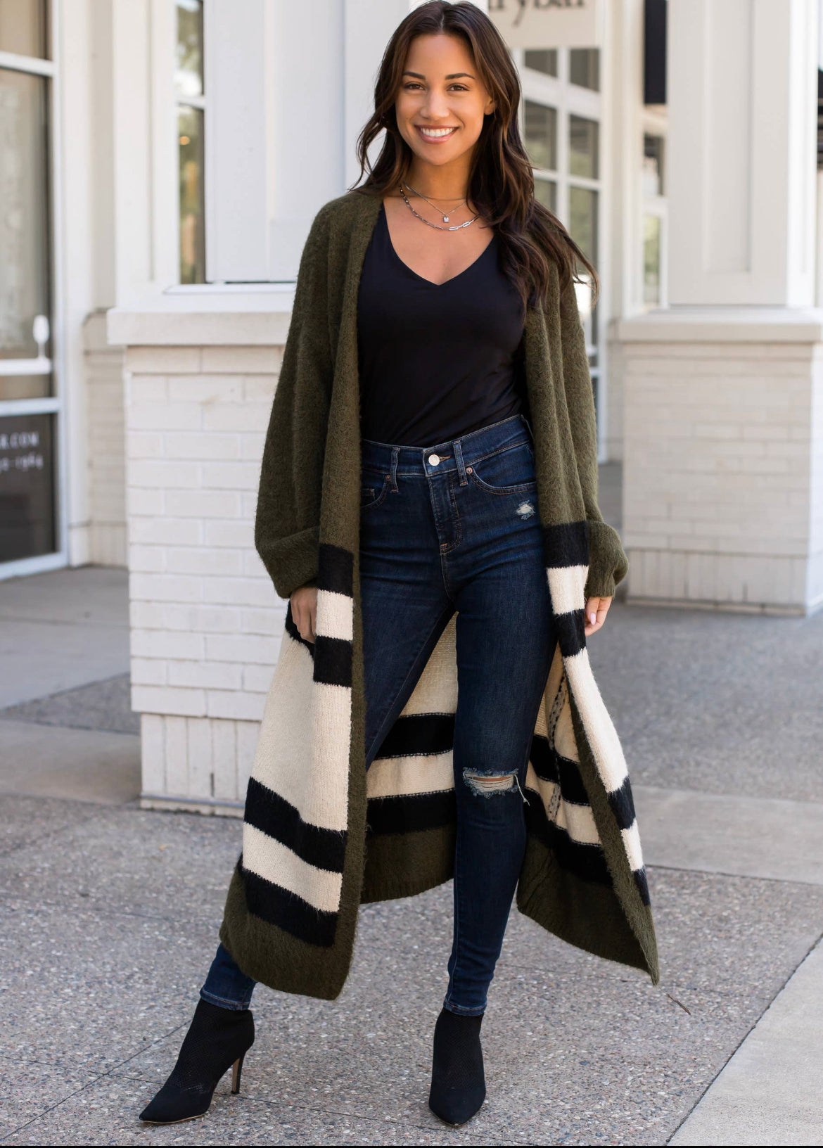 Olive color block open cardigan